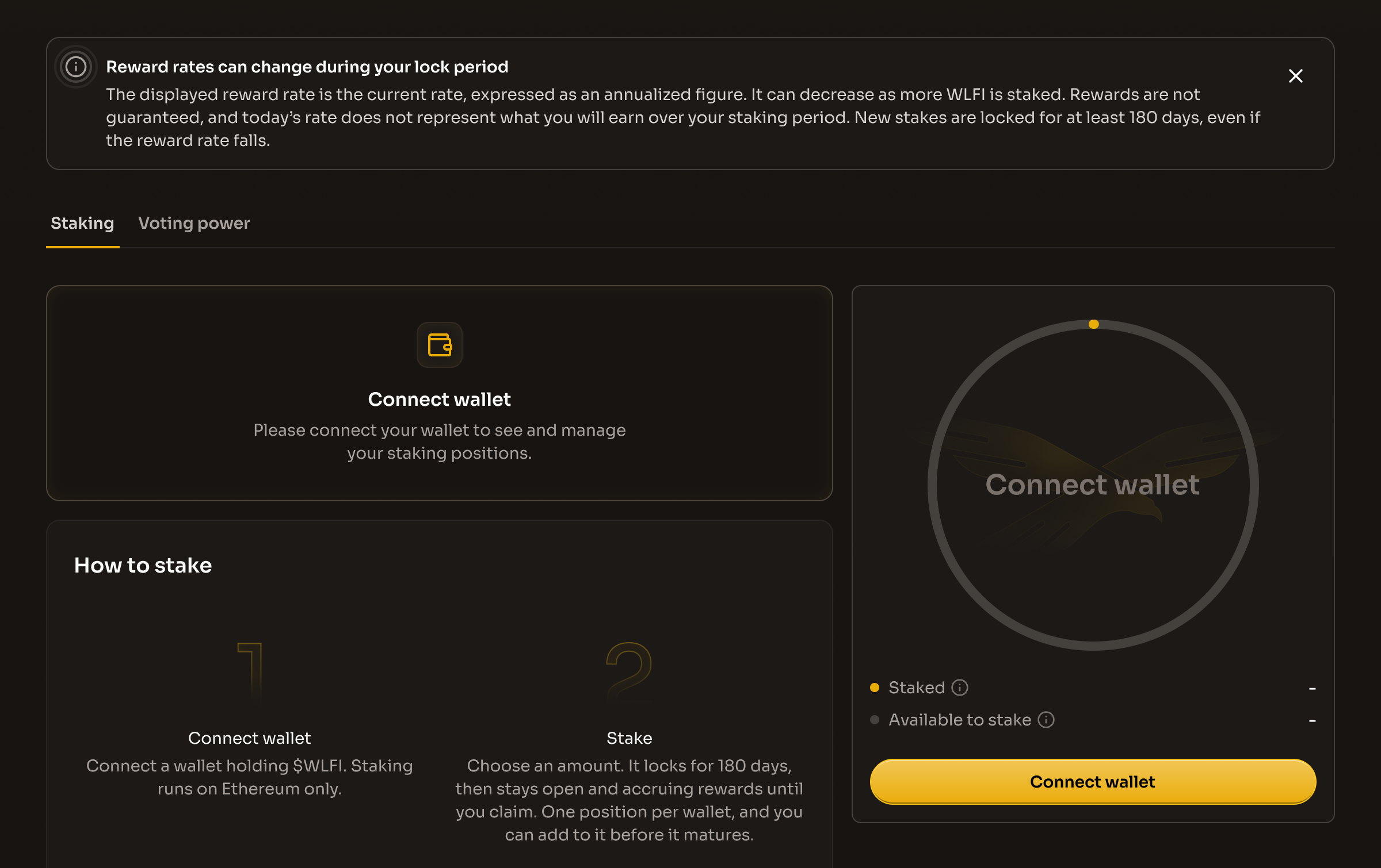 The staking page before a wallet is connected, with the reward-rate notice above the tabs, the Connect wallet button in the staking widget and the Connect wallet card