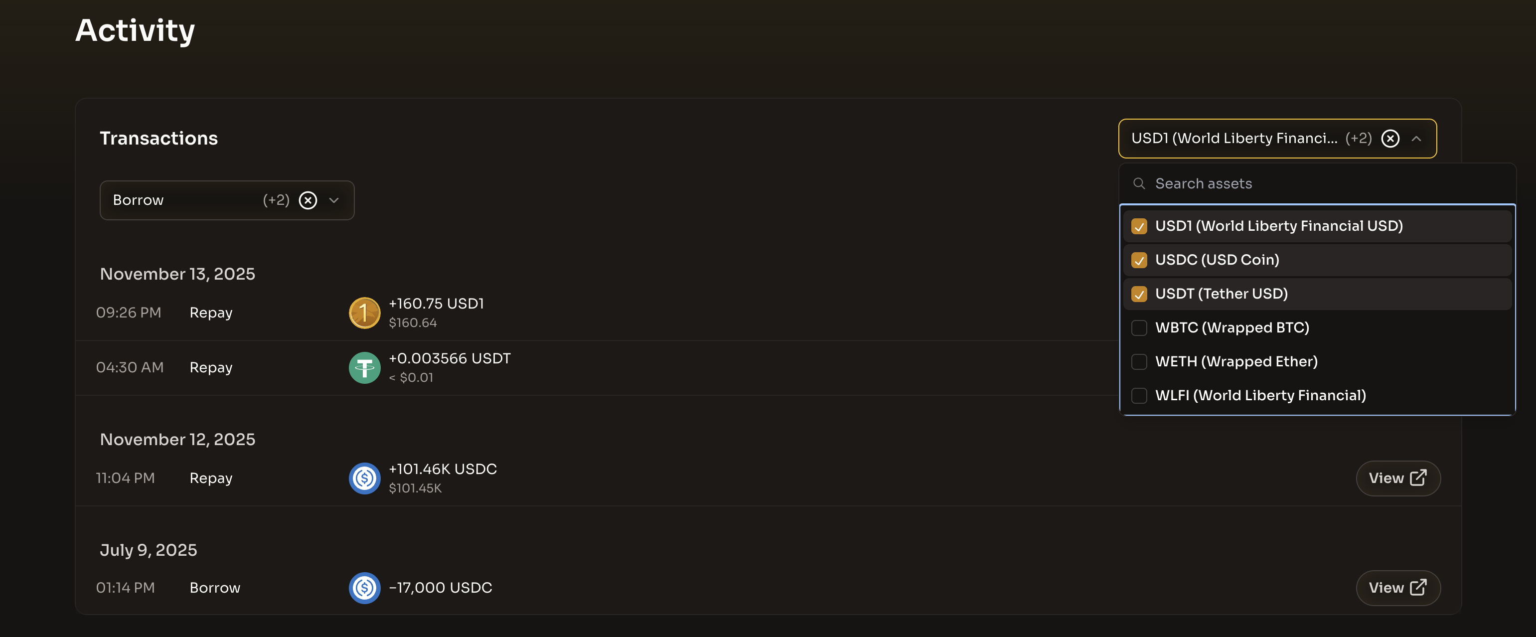 Activity page showing asset search dropdown with search results