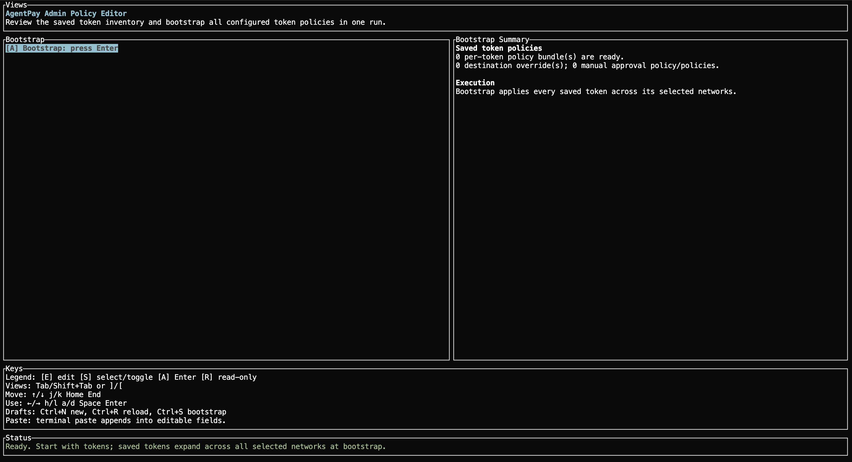 AgentPay Admin Policy Editor showing the Bootstrap view