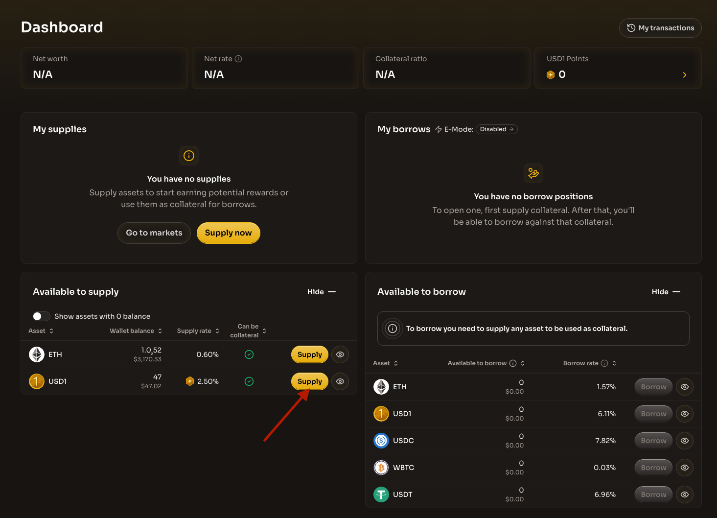 Dashboard showing Available to supply section with Supply buttons for each asset