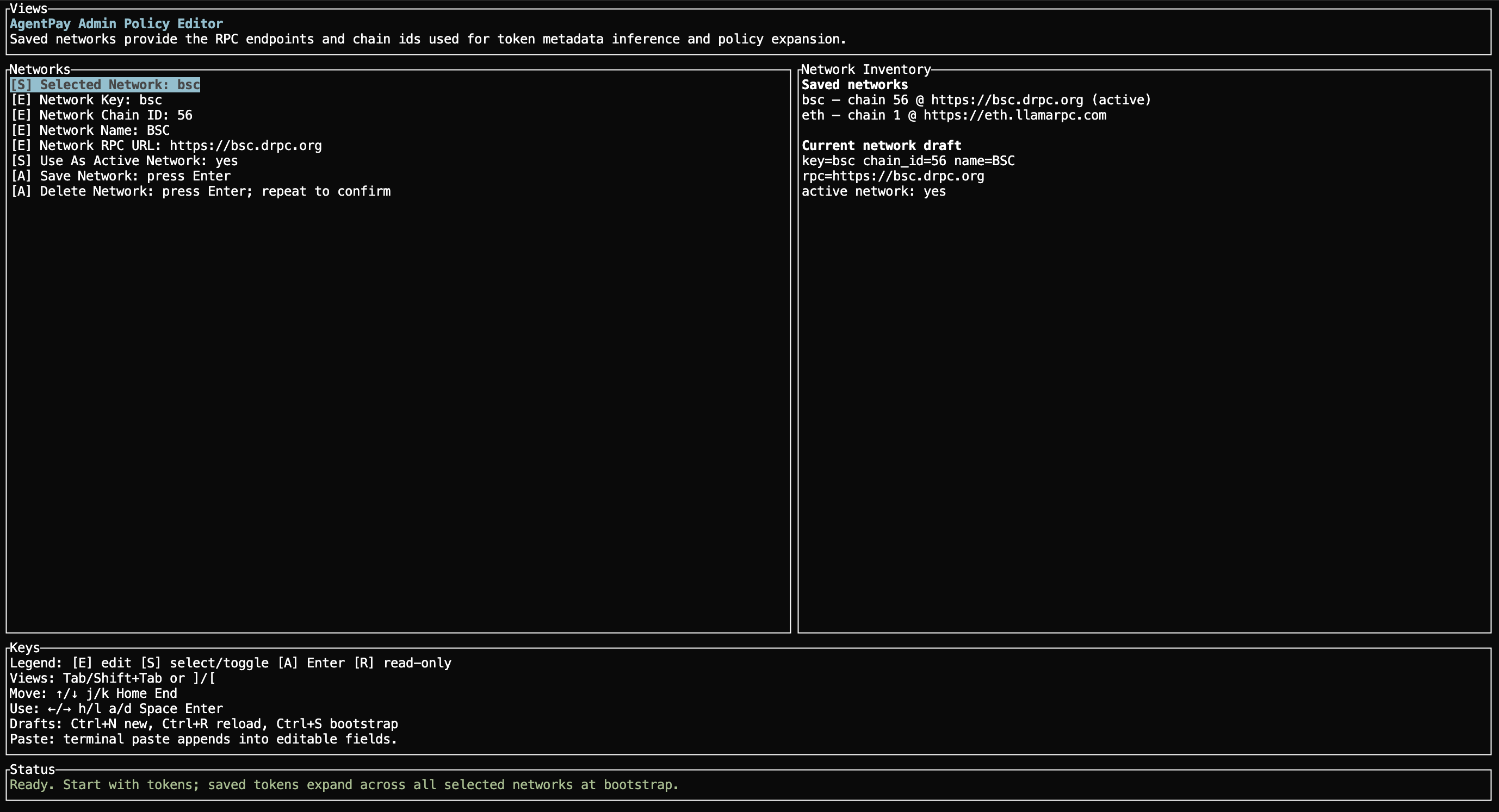 AgentPay Admin Policy Editor showing the Networks view