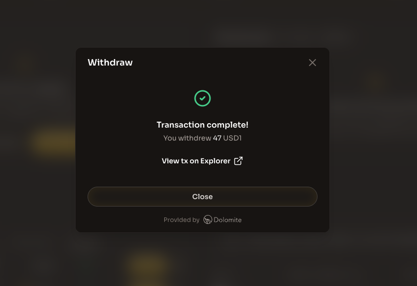 Transaction complete modal showing successful withdrawal of 47 USD1 with link to view on Explorer