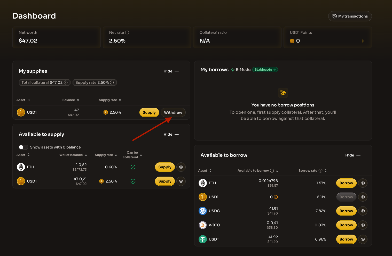 Dashboard showing My supplies section with USD1 supplied and Withdraw button highlighted