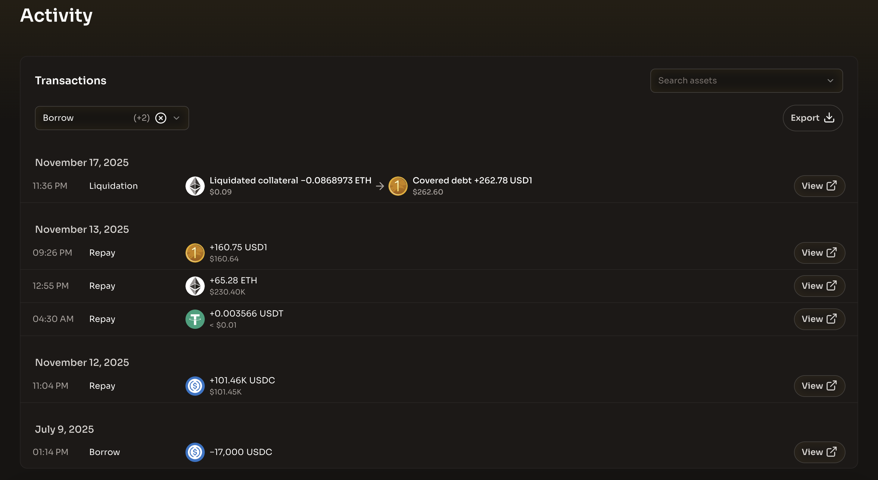 WLFI Markets Activity page showing transaction history