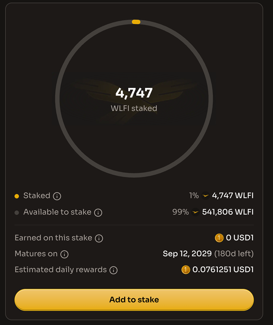 The staking widget with an active position, showing the staked amount, Earned on this stake, Matures on with the days left, Estimated daily rewards and the Add to stake button