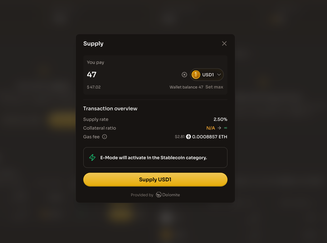 Supply modal showing the Supply USD1 button to complete the supply
