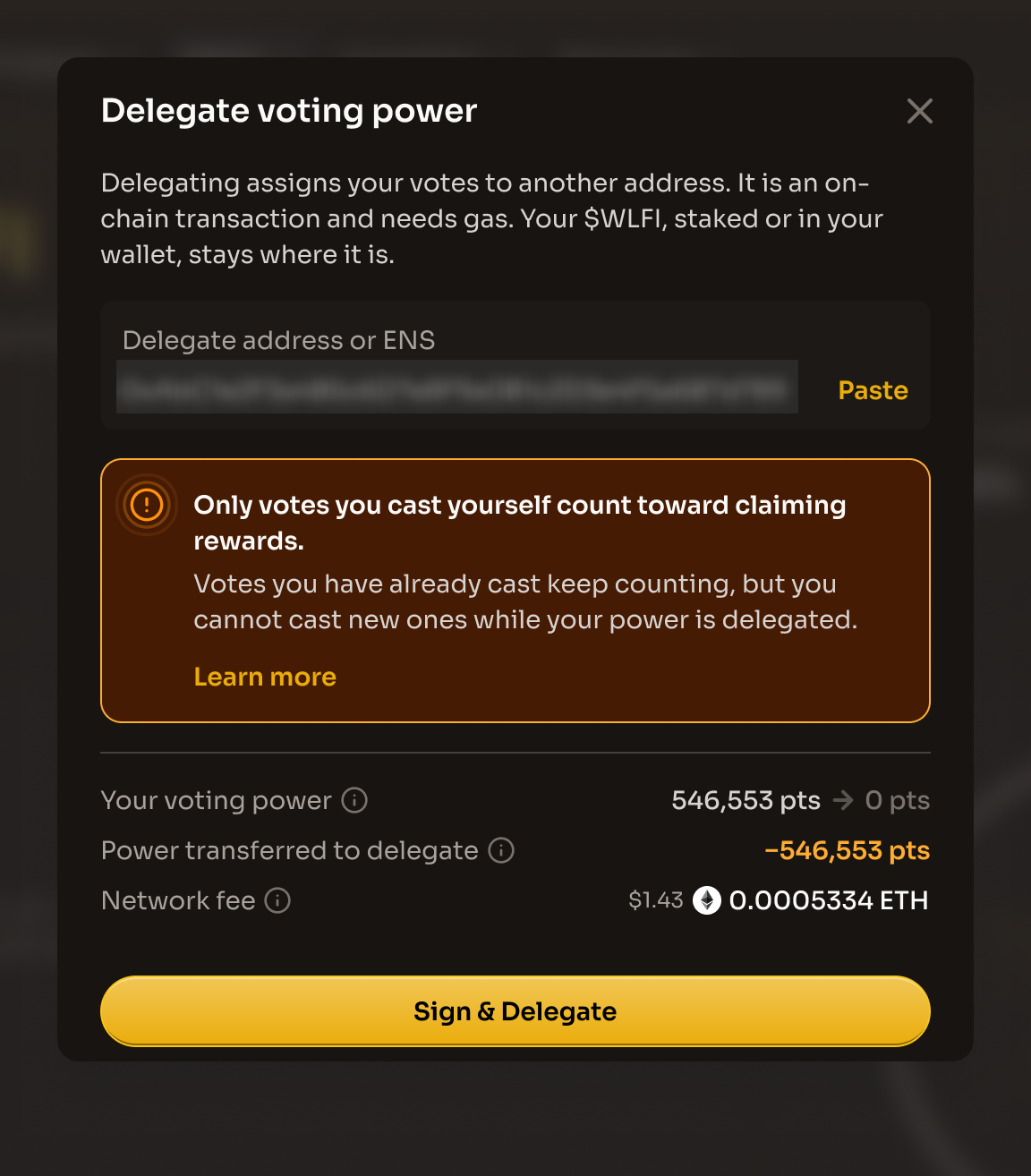 The Delegate voting power dialog with an address entered, the warning about votes, the Your voting power and Power transferred to delegate rows, and the Sign and Delegate button