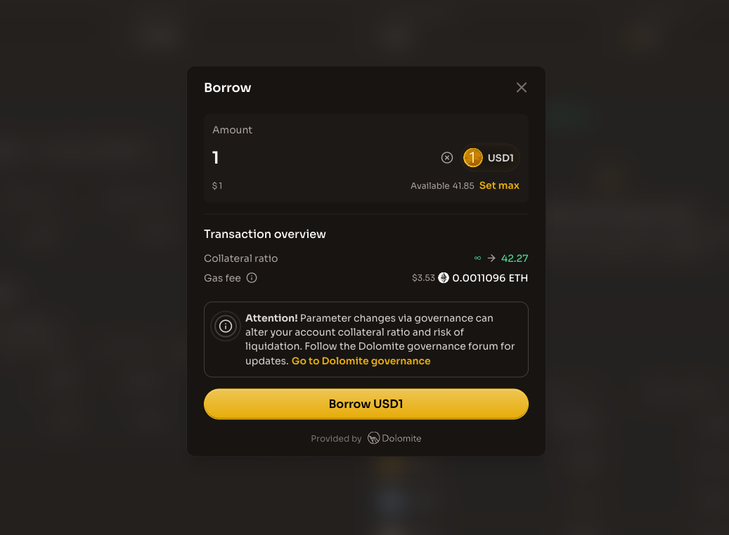 Borrow modal showing amount input, collateral ratio change, gas fee, and governance notice