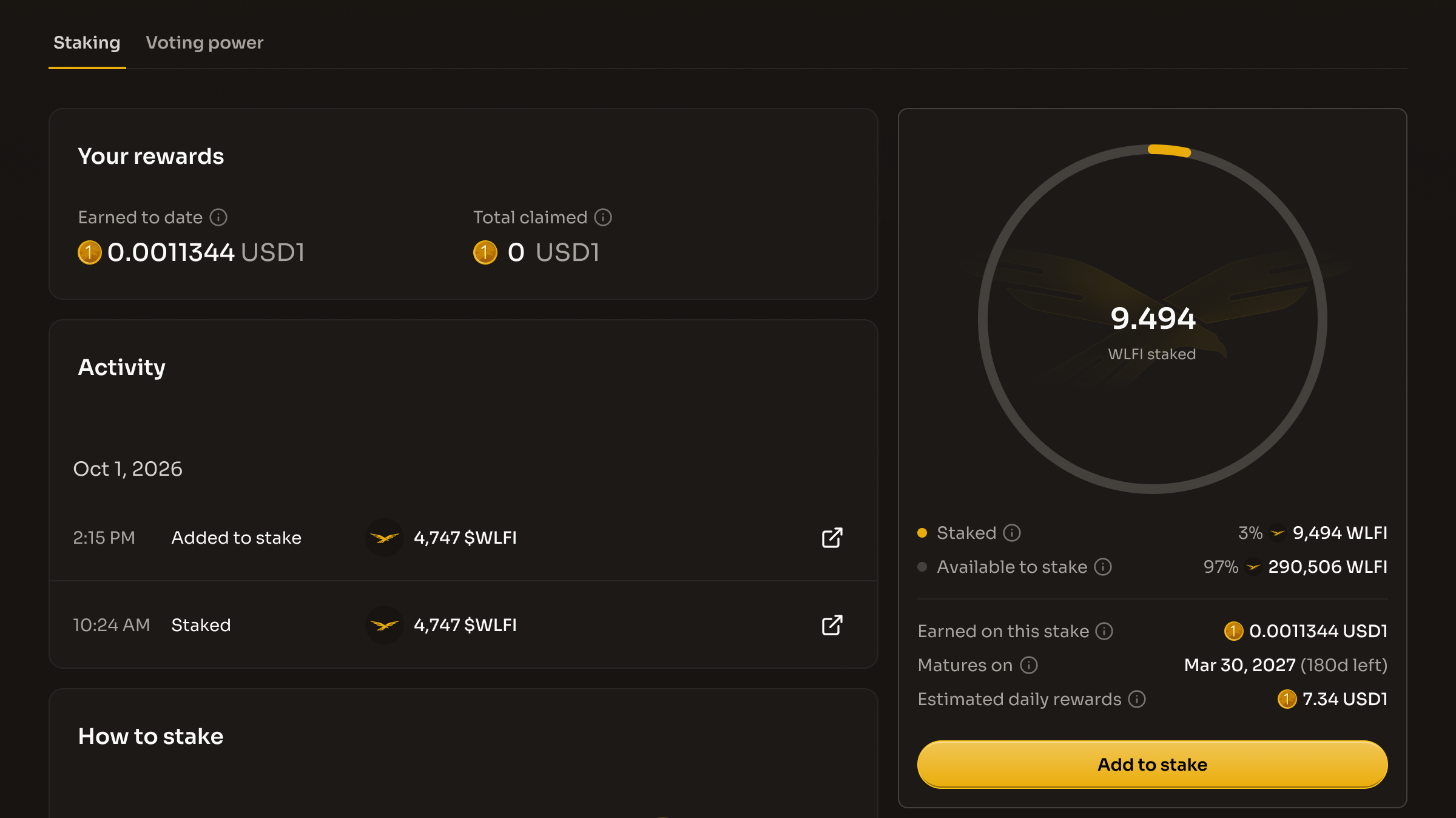 The Staking tab after voting, with the votes card gone