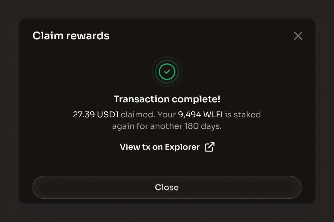 The Transaction complete view after a claim, showing the amount claimed and what happened to the staked $WLFI