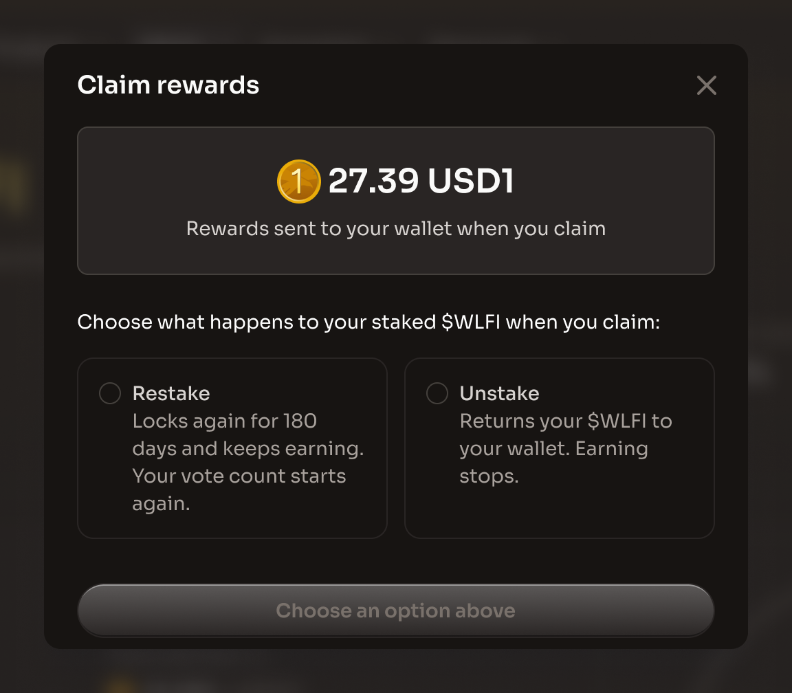 The Claim rewards dialog with the reward amount, the Restake and Unstake options, and the Choose an option above button disabled