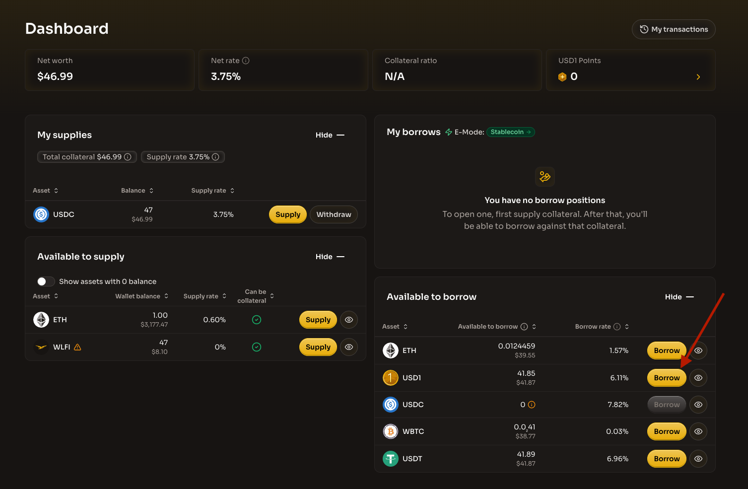 Dashboard showing Available to borrow section with Borrow buttons for each asset