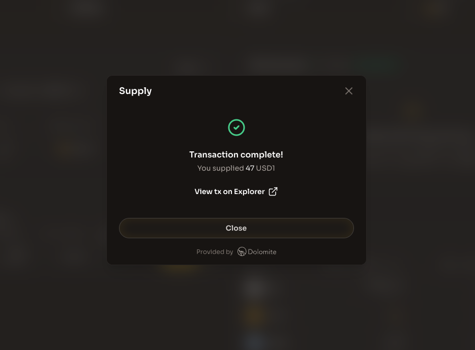 Transaction complete modal showing successful supply of 47 USD1 with link to view on Explorer