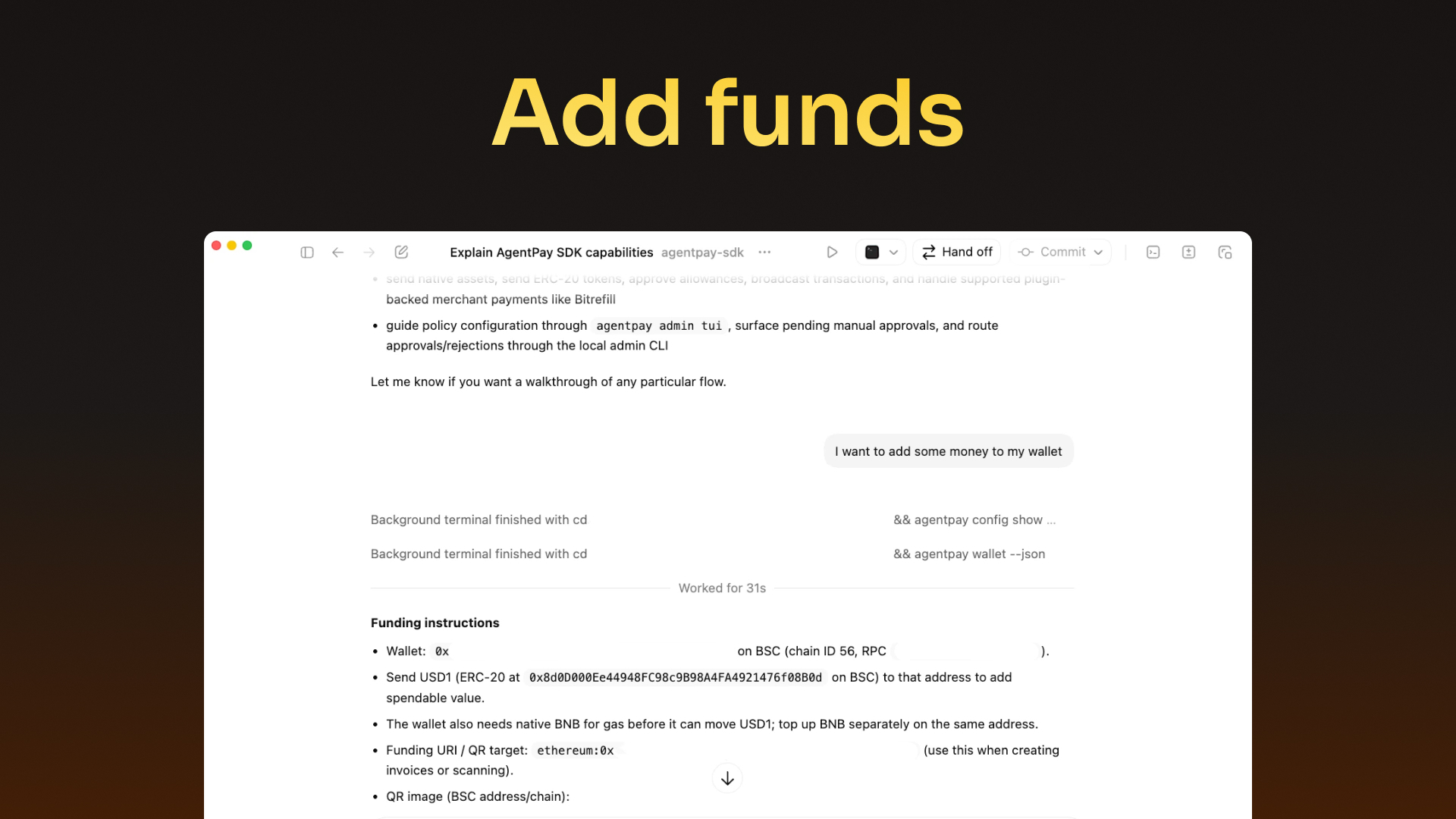 Codex showing a funding request for a wallet on BSC