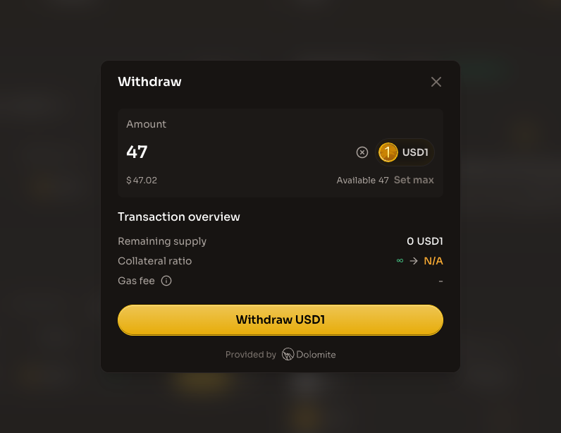Withdraw modal showing amount input, remaining supply, collateral ratio change, and gas fee