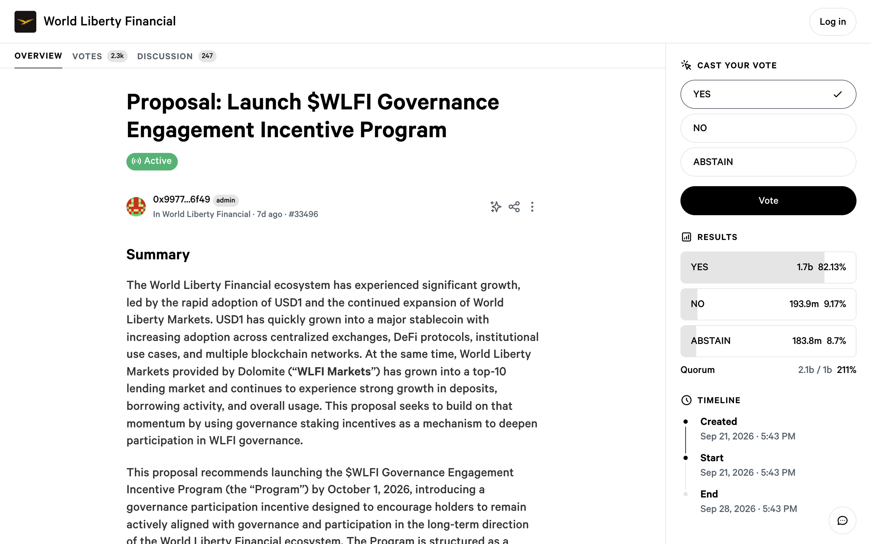 A World Liberty Financial proposal page on Snapshot with the voting options