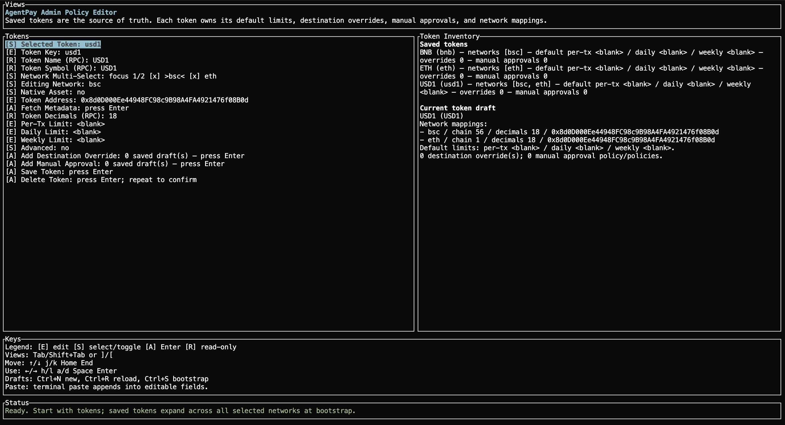 AgentPay Admin Policy Editor showing the Tokens view
