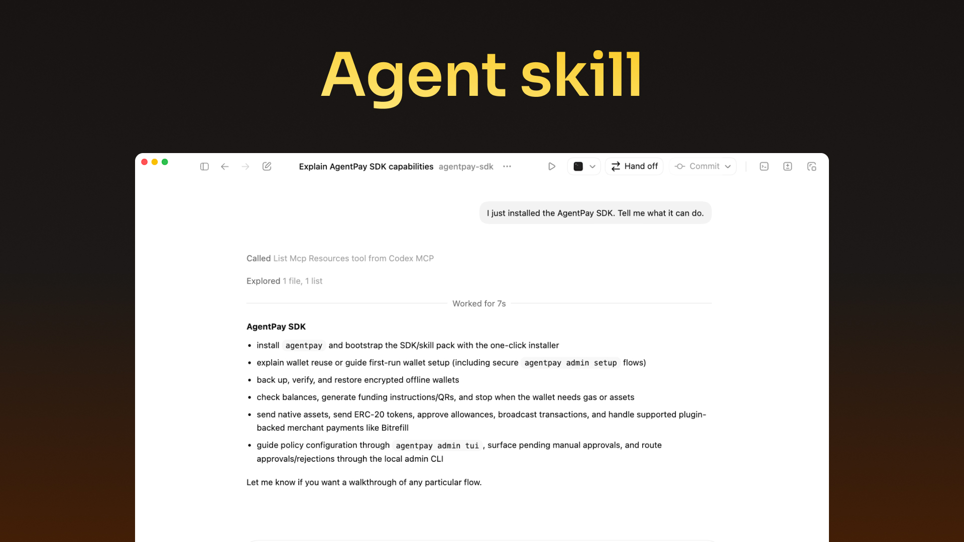 Codex describing AgentPay SDK after the skill pack is installed
