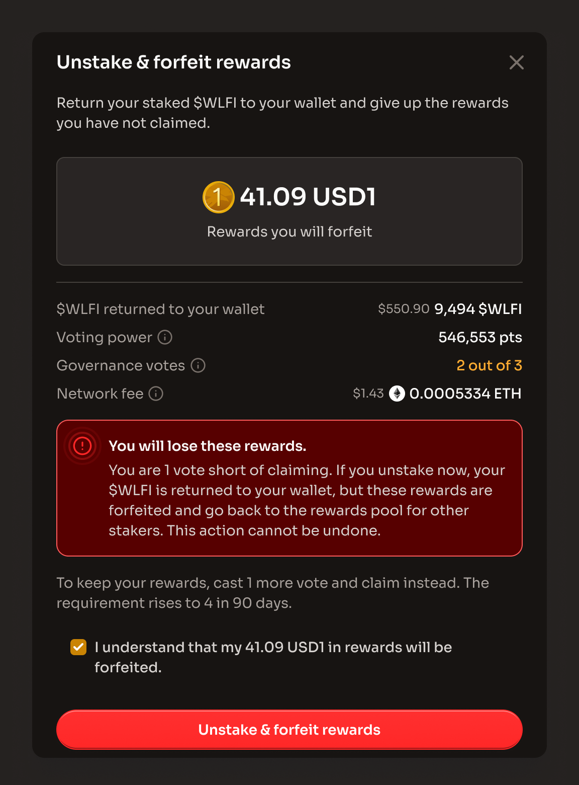 The Unstake & forfeit rewards dialog with the acknowledgement ticked and the Unstake & forfeit rewards button enabled