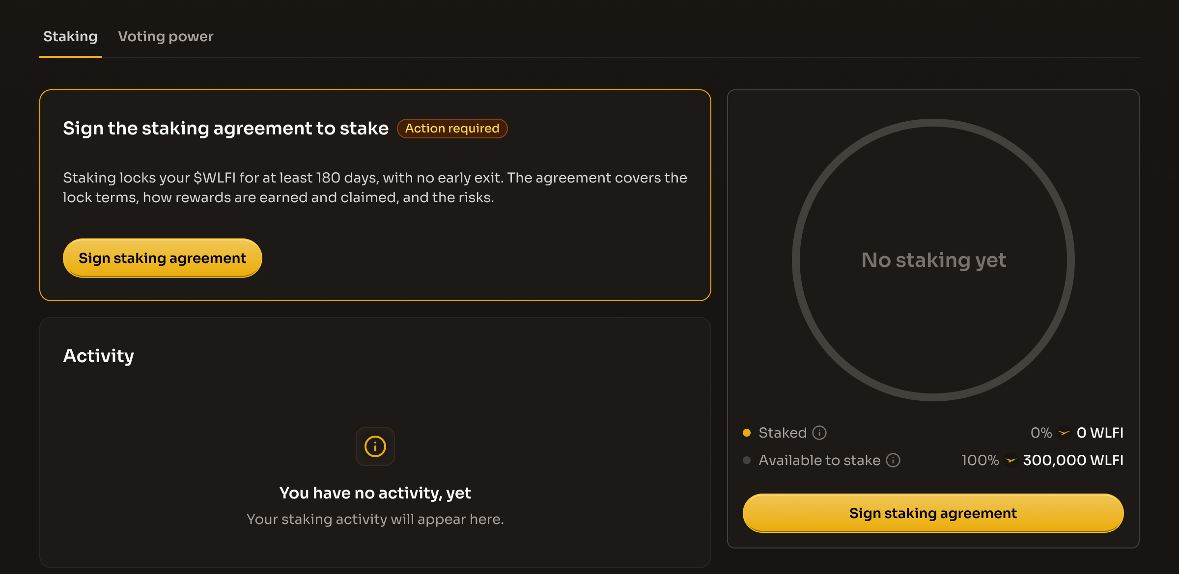 The Staking tab with the Sign the staking agreement to stake card, its Action required badge and the Sign staking agreement button