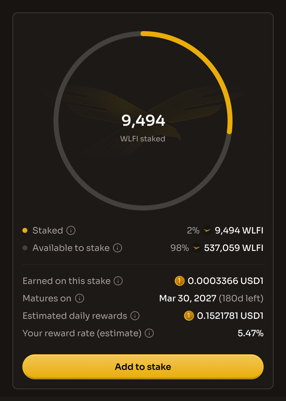 The staking widget after adding to the stake, showing the larger staked amount, the same Matures on date, Estimated daily rewards and Your reward rate (estimate)