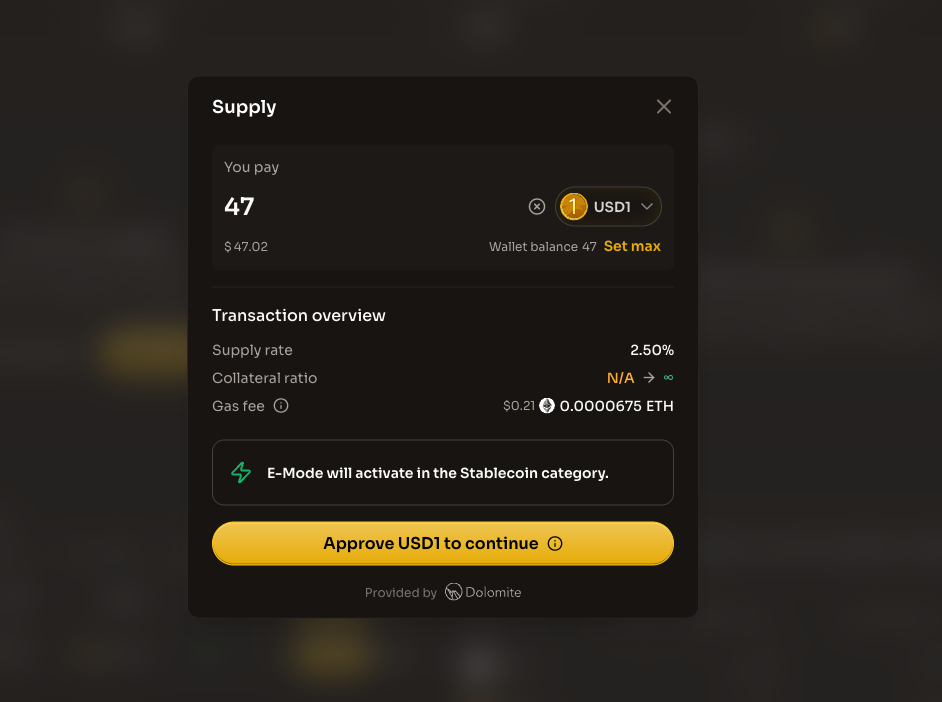 Supply modal showing the Approve USD1 to continue button