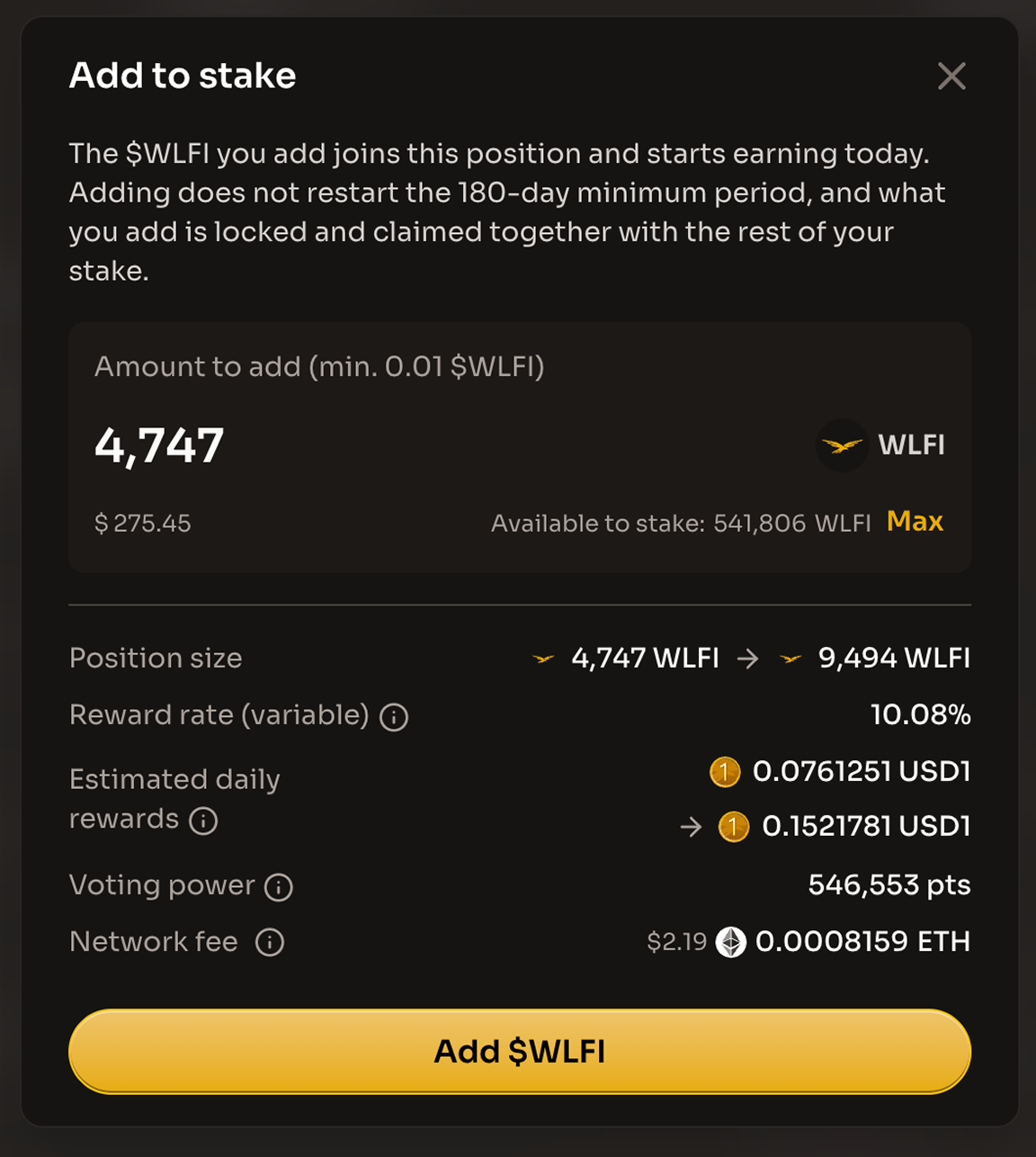 The Add to stake dialog with an amount entered, showing the position size before and after the addition and the Add $WLFI button